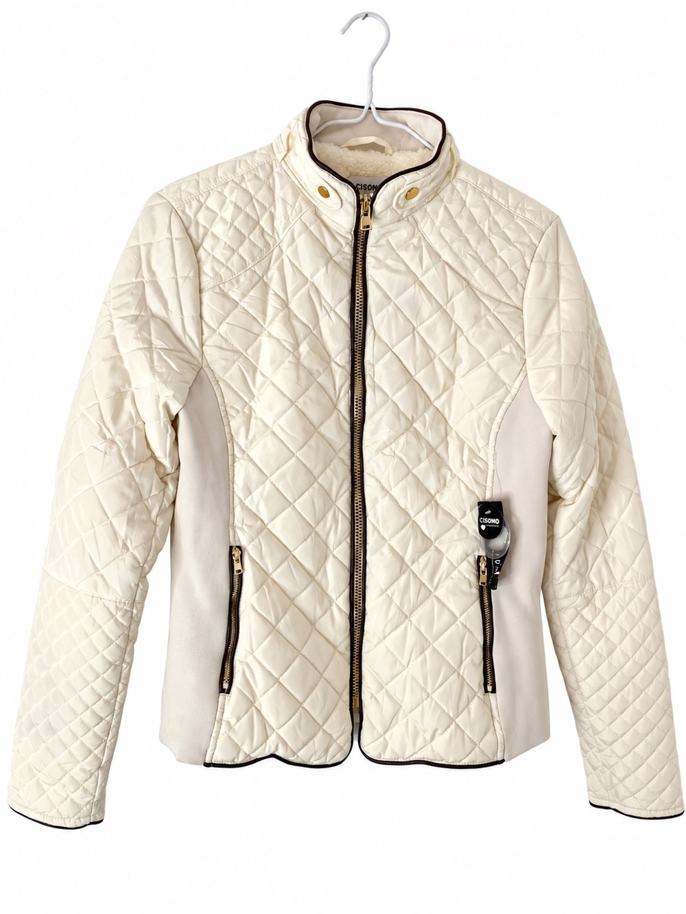 Ci Sono Ecru Quilted Sherpa Lined Jacket Black Trim Gold Zip NWT